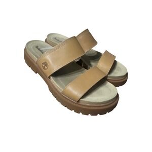 Timberland  Tan Leather Double Strap Slide Sandals Platform Lug Sole